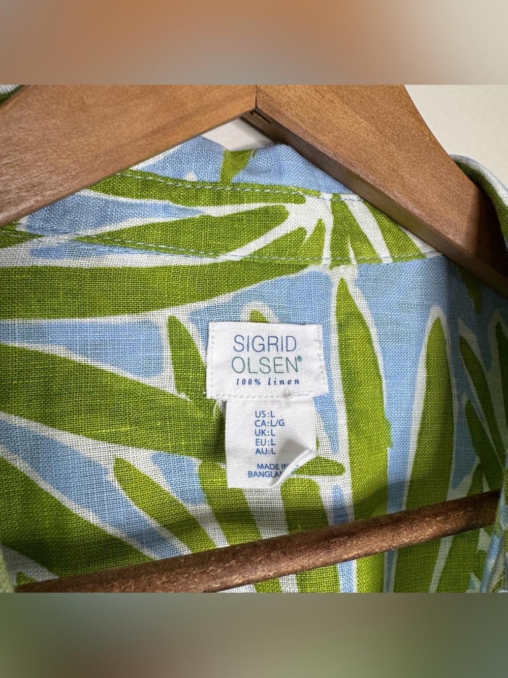 Sigrid Olsen 100% Linen Green Blue Tropical Oversized Button Up Shirt Large - Picture 2 of 6